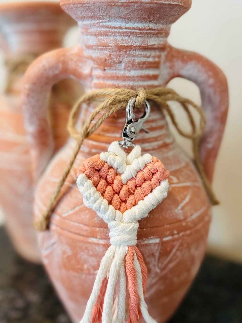 Handmade Macrame Heart Keychain – Peach & Cream Boho Bag Charm